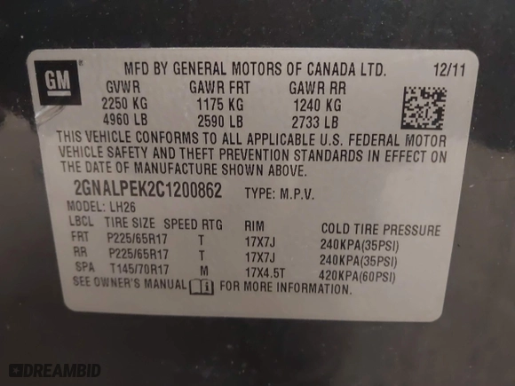2012 Chevrolet Equinox LT w/2LT with VIN 2GNALPEK2C1200862, listed as a IAAI auction lot 41379395 with 83,589 mi miles. Bid and sale history available at carsss.com. Image 9.