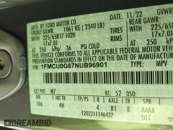 2022 Ford Escape SE с VIN 1FMCU0G67NUB96901, выставлен на аукционе IAAI как лот 42014058 с пробегом 65 981 миль миль и . История ставок и продаж доступна на DreamBid. Изображение 9.