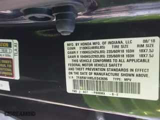 2018 Honda CR-V EX-L with VIN 7FARW1H85JE043696, listed as a IAAI auction lot 41966273 with 134,091 mi miles. Bid and sale history available at carsss.com. Image 9.