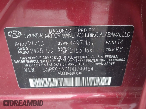 2013 Hyundai Sonata Limited with VIN 5NPEC4AB1DH799154, listed as a IAAI auction lot 42237944 with 105,188 mi miles and . Bid and sale history available at carsss.com. Image 9.