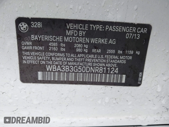 2013 BMW 3 Series 328i xDrive with VIN WBA3B3G50DNR81124, listed as a IAAI auction lot 41087933 with 133,660 mi miles and . Bid and sale history available at DreamBid. Image 9.