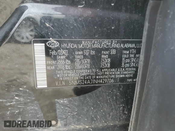 2022 Hyundai Santa Fe SEL with VIN 5NMS24AJ1NH429706, listed as a Copart auction lot 49584485 with 83,535 mi miles and Salvage Title. Bid and sale history available at DreamBid. Image 15.