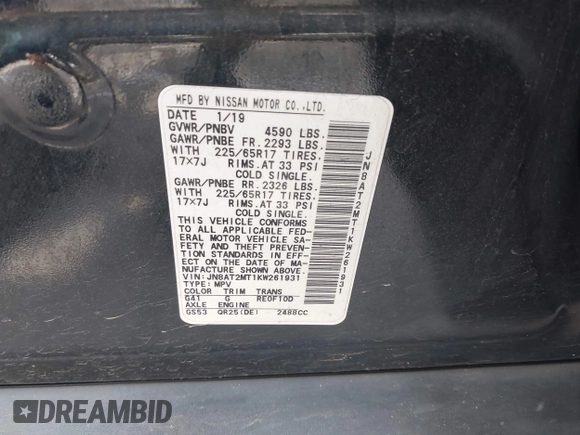 2019 Nissan Rogue SV with VIN JN8AT2MT1KW261931, listed as a IAAI auction lot 42274227 with 141,518 mi miles and . Bid and sale history available at DreamBid. Image 9.