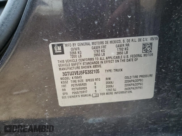 2015 GMC Sierra 1500 SLT with VIN 3GTU2VEJ5FG382105, listed as a Copart auction lot 52386795 with 115,270 mi miles and Salvage Title. Bid and sale history available at DreamBid. Image 12.