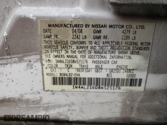 2008 Nissan Altima 2.5 SL with VIN 1N4AL21E08N525176, listed as a Copart auction lot 60597704 with 158,998 mi miles and Salvage Title. Bid and sale history available at carsss.com. Image 12.