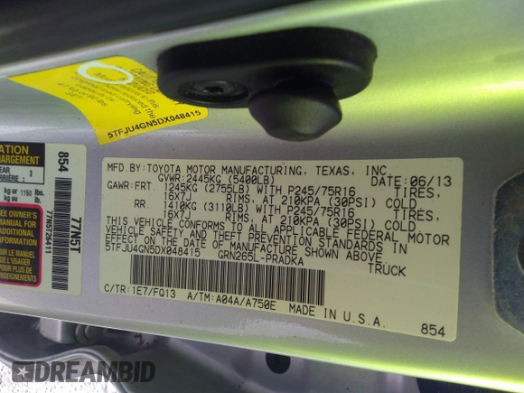 2013 Toyota Tacoma PreRunner z VIN 5TFJU4GN5DX048415, wystawiony jako IAAI lot #34578204 z przebiegiem 104 497 mil mil oraz . Historia ofert i sprzedaży dostępna na DreamBid. Obrazek 9.