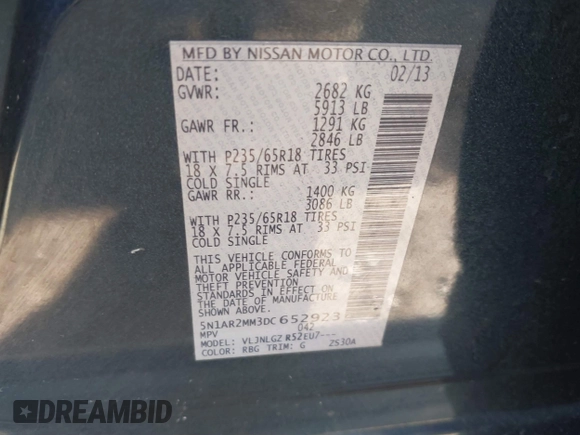 2013 Nissan Pathfinder SL with VIN 5N1AR2MM3DC652923, listed as a IAAI auction lot 41749099 with 91,492 mi miles and . Bid and sale history available at DreamBid. Image 9.