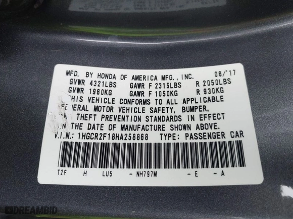 2017 Honda Accord Sedan Sport SE with VIN 1HGCR2F18HA258868, listed as a IAAI auction lot 41351567 with 201,030 mi miles. Bid and sale history available at carsss.com. Image 9.