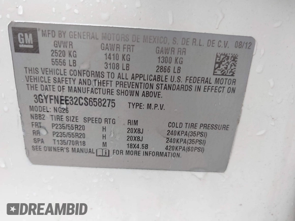 2012 Cadillac SRX Performance Collection with VIN 3GYFNEE32CS658275, listed as a IAAI auction lot 42514540 with 131,588 mi miles and . Bid and sale history available at DreamBid. Image 9.