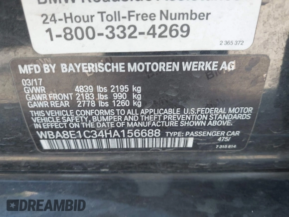 2017 BMW 3 Series 330e iPerformance with VIN WBA8E1C34HA156688, listed as a IAAI auction lot 41753490 with 74,130 mi miles. Bid and sale history available at carsss.com. Image 9.
