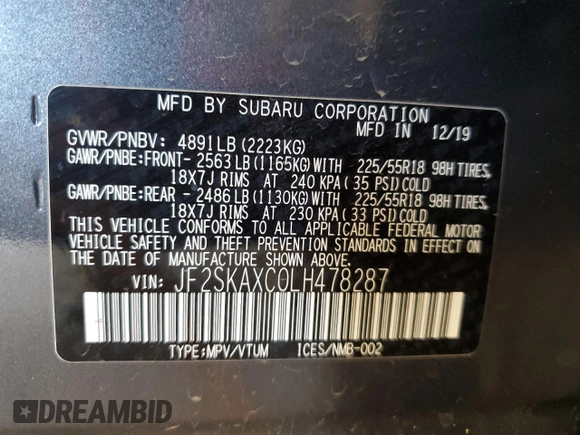 2020 Subaru Forester Touring with VIN JF2SKAXC0LH478287, listed as a Copart auction lot 53535675 with 112,357 mi miles and Salvage title. Bid and sale history available at DreamBid. Image 14.
