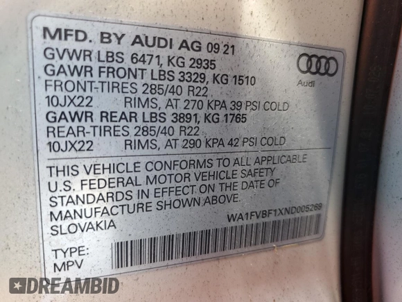 2022 Audi Q8 Prestige with VIN WA1FVBF1XND005269, listed as a Copart auction lot 50474954 with 21,283 mi miles. Bid and sale history available at carsss.com. Image 14.