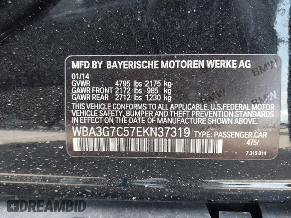 2014 BMW 3 Series 328i xDrive with VIN WBA3G7C57EKN37319, listed as a IAAI auction lot 41699235 with 93,671 mi miles and . Bid and sale history available at carsss.com. Image 9.
