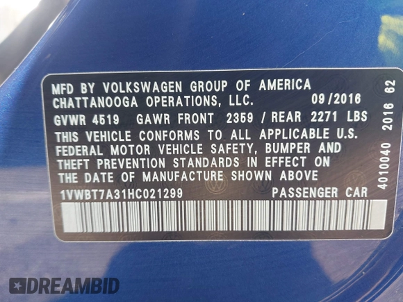 2017 Volkswagen Passat 1.8T SE with VIN 1VWBT7A31HC021299, listed as a IAAI auction lot 41961686 with 135,912 mi miles. Bid and sale history available at carsss.com. Image 9.