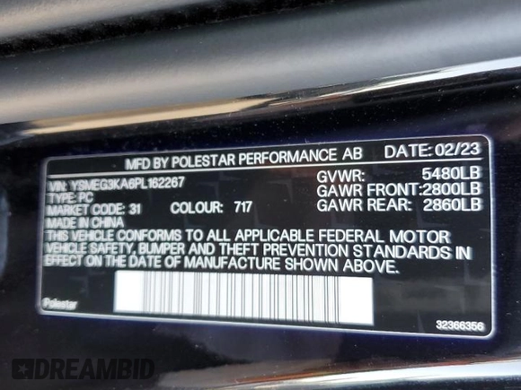 2023 Polestar 2 z VIN YSMEG3KA6PL162267, wystawiony jako Copart lot #72738494 z przebiegiem Nie podano mil oraz Szkoda całkowita • Salvage title. Historia ofert i sprzedaży dostępna na DreamBid. Obrazek 12.
