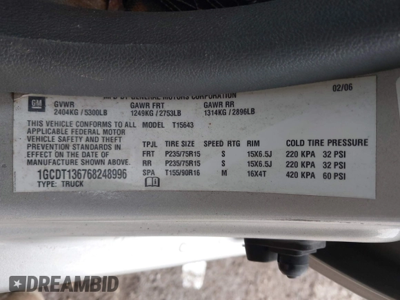 2006 Chevrolet Colorado LT w/2LT with VIN 1GCDT136768248996, listed as a IAAI auction lot 41984230 with 230,150 mi miles. Bid and sale history available at carsss.com. Image 9.
