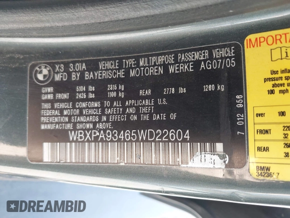 2005 BMW X3 3.0i with VIN WBXPA93465WD22604, listed as a IAAI auction lot 41995211 with 202,176 mi miles. Bid and sale history available at carsss.com. Image 9.