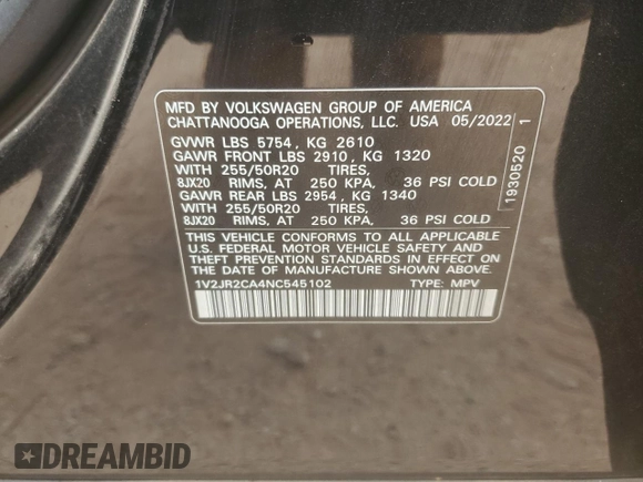 2022 Volkswagen Atlas SE with VIN 1V2JR2CA4NC545102, listed as a Copart auction lot 51954195 with 42,030 mi miles and Clean title. Bid and sale history available at DreamBid. Image 13.