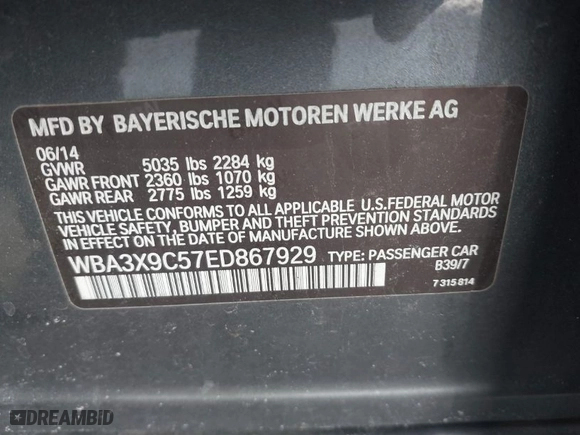 2014 BMW 3 Series Gran Turismo 335i xDrive with VIN WBA3X9C57ED867929, listed as a IAAI auction lot 41413094 with 1 mi miles. Bid and sale history available at carsss.com. Image 9.