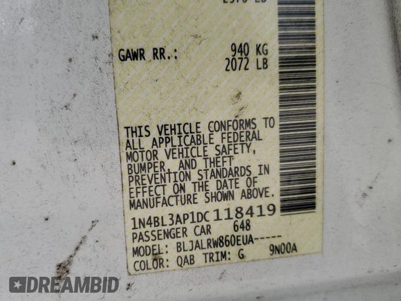 2013 Nissan Altima SL with VIN 1N4BL3AP1DC118419, listed as a Copart auction lot 61969095 with 205,427 mi miles and Clean title. Bid and sale history available at DreamBid. Image 12.