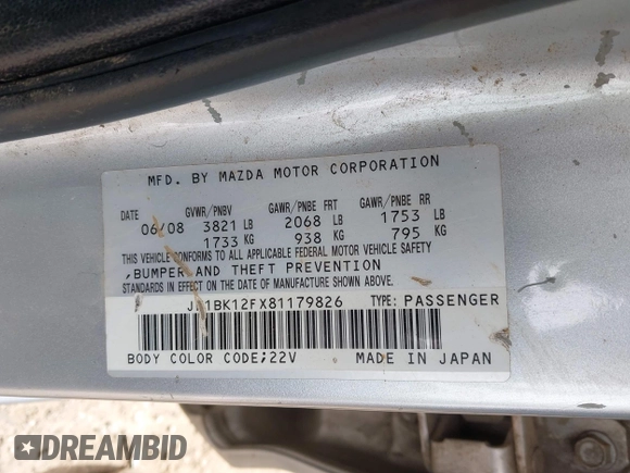 2008 Mazda 3 Sport with VIN JM1BK12FX81179826, listed as a IAAI auction lot 41607814 with 173,973 mi miles and . Bid and sale history available at DreamBid. Image 9.