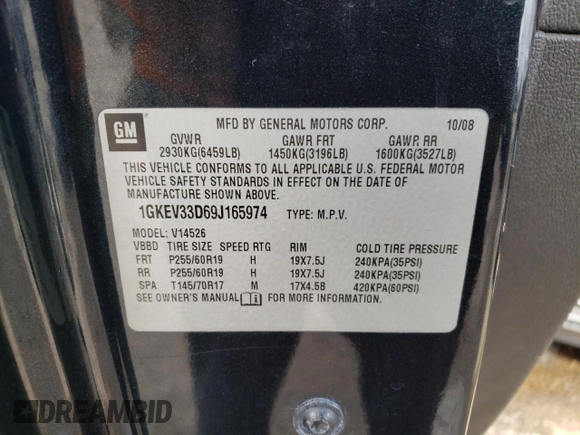 2009 GMC Acadia SLT2 z VIN 1GKEV33D69J165974, wystawiony jako Copart lot #72540253 z przebiegiem 245 446 mil mil oraz Szkoda całkowita • Salvage title. Historia ofert i sprzedaży dostępna na DreamBid. Obrazek 12.