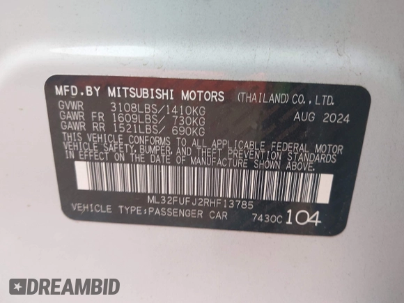 2024 Mitsubishi Mirage ES z VIN ML32FUFJ2RHF13785, wystawiony jako IAAI lot #42172271 z przebiegiem 5 352 mil mil oraz . Historia ofert i sprzedaży dostępna na DreamBid. Obrazek 9.