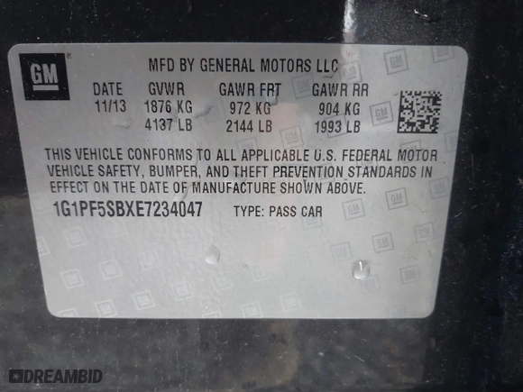 2014 Chevrolet Cruze 2LT with VIN 1G1PF5SBXE7234047, listed as a IAAI auction lot 40885552 with 145,345 mi miles. Bid and sale history available at carsss.com. Image 9.