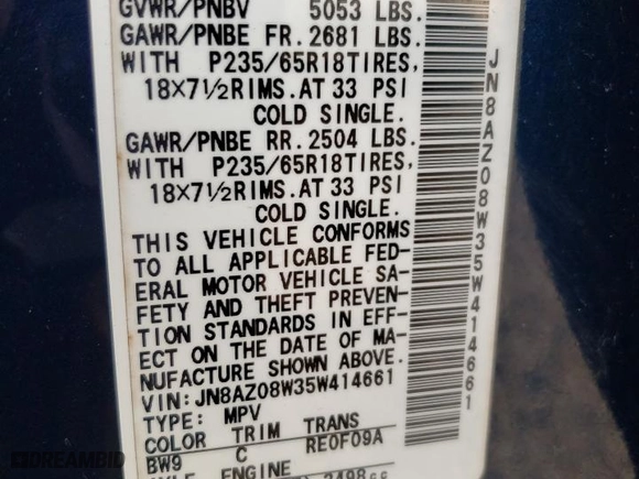 2005 Nissan Murano S with VIN JN8AZ08W35W414661, listed as a Copart auction lot 66145434 with 145,512 mi miles and Salvage Title. Bid and sale history available at carsss.com. Image 13.