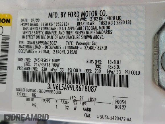 2020 Lincoln MKZ Standard z VIN 3LN6L5A99LR618087, wystawiony jako Copart lot #56726985 z przebiegiem 23 378 mil mil oraz Szkoda całkowita • Salvage title. Historia ofert i sprzedaży dostępna na DreamBid. Obrazek 12.