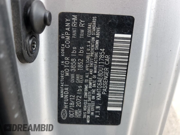 2013 Hyundai Veloster Turbo with VIN KMHTC6AE8DU117854, listed as a Copart auction lot 56469385 with Not provided miles and Salvage title. Bid and sale history available at DreamBid. Image 12.