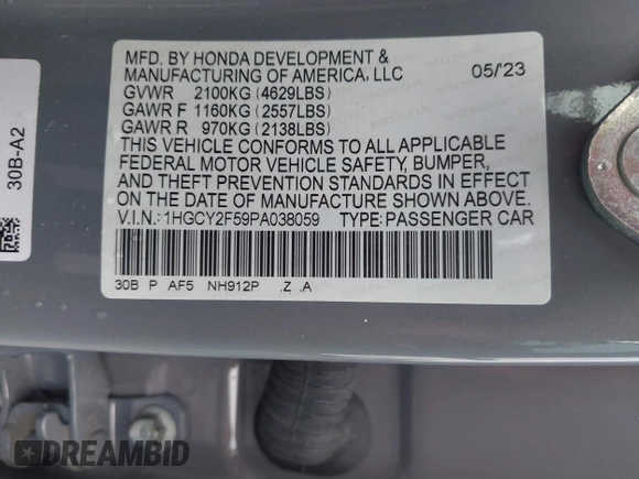 2023 Honda Accord Sport with VIN 1HGCY2F59PA038059, listed as a IAAI auction lot 42365229 with 30,184 mi miles and . Bid and sale history available at DreamBid. Image 9.