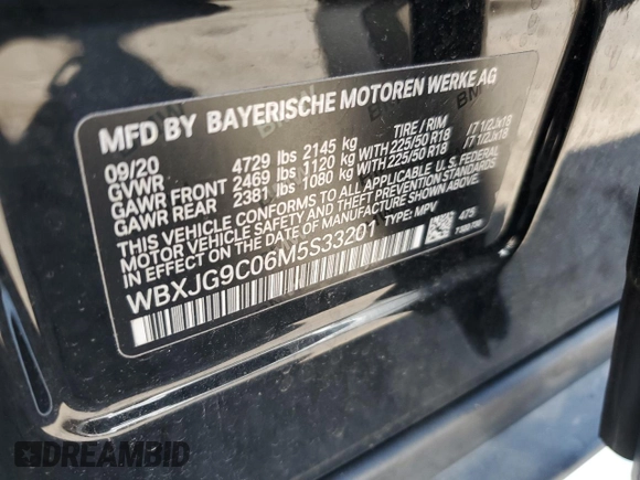 2021 BMW X1 xDrive28i with VIN WBXJG9C06M5S33201, listed as a Copart auction lot 66391015 with 53,395 mi miles and Salvage title. Bid and sale history available at DreamBid. Image 13.
