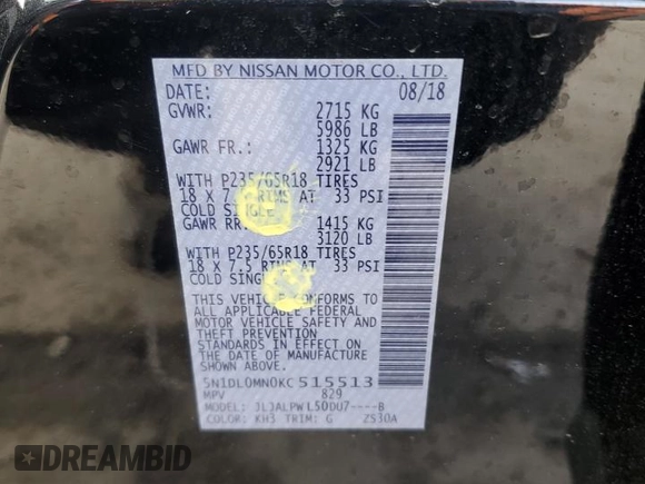 2019 Infiniti QX60 Luxe with VIN 5N1DL0MN0KC515513, listed as a Copart auction lot 89298715 with 91,068 mi miles and Salvage Title. Bid and sale history available at DreamBid. Image 13.