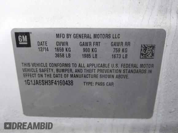 2015 Chevrolet Sonic LS with VIN 1G1JA6SH3F4160438, listed as a IAAI auction lot 41230481 with 98,424 mi miles and . Bid and sale history available at DreamBid. Image 9.