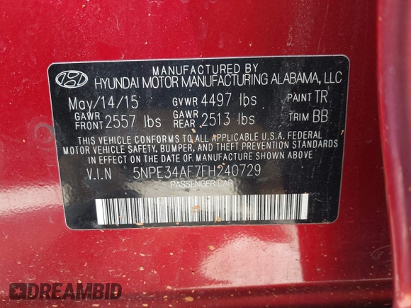 2015 Hyundai Sonata 2.4L Sport with VIN 5NPE34AF7FH240729, listed as a IAAI auction lot 41636930 with 88,446 mi miles. Bid and sale history available at carsss.com. Image 9.