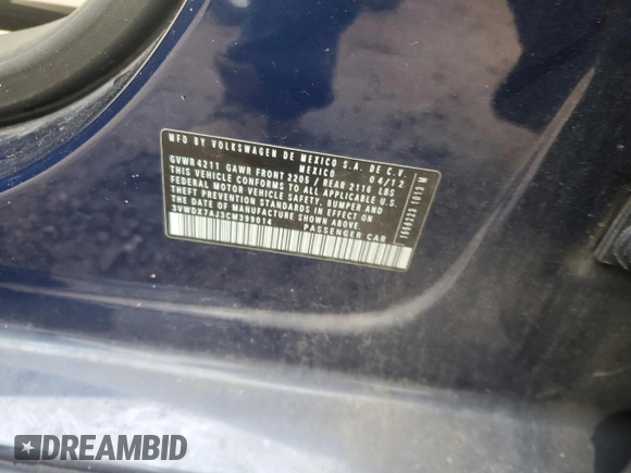 2012 Volkswagen Jetta SE with VIN 3VWDX7AJ3CM399014, listed as a Copart auction lot 46358405 with 123,733 mi miles and Salvage title. Bid and sale history available at DreamBid. Image 12.