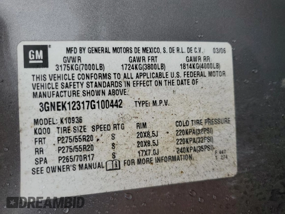 2007 Chevrolet Avalanche 1LT z VIN 3GNEK12317G100442, wystawiony jako Copart lot #83819334 z przebiegiem Nie podano mil oraz Szkoda całkowita • Salvage title. Historia ofert i sprzedaży dostępna na DreamBid. Obrazek 13.