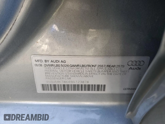 2009 Audi A4 3.2L Prestige with VIN WAUMK78K49A123878, listed as a Copart auction lot 86431504 with 112,698 mi miles and Clean Title. Bid and sale history available at carsss.com. Image 12.
