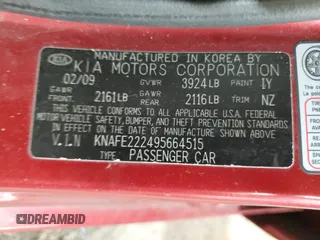 2009 Kia Spectra EX with VIN KNAFE222495664515, listed as a Copart auction lot 77566074 with 151,615 mi miles and Clean Title. Bid and sale history available at carsss.com. Image 13.