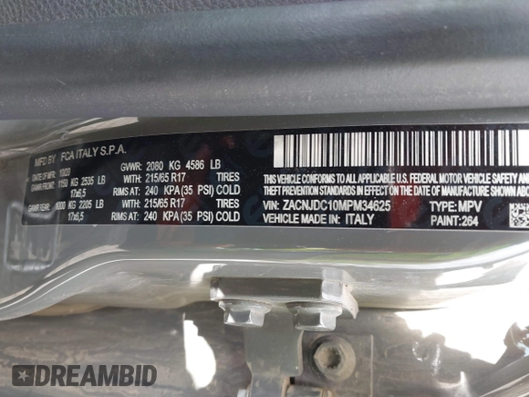 2021 Jeep Renegade Trailhawk with VIN ZACNJDC10MPM34625, listed as a IAAI auction lot 42116576 with 74,883 mi miles and . Bid and sale history available at DreamBid. Image 9.
