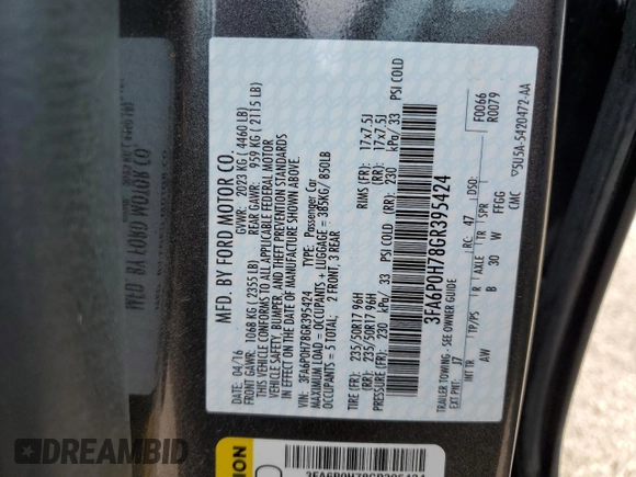 2016 Ford Fusion SE with VIN 3FA6P0H78GR395424, listed as a Copart auction lot 60074255 with 74,868 mi miles and Salvage title. Bid and sale history available at DreamBid. Image 12.