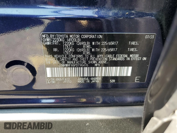 2023 Toyota RAV4 Hybrid XLE with VIN JTMRWRFV6PD196476, listed as a Copart auction lot 62737495 with 8,529 mi miles and Salvage title. Bid and sale history available at DreamBid. Image 13.
