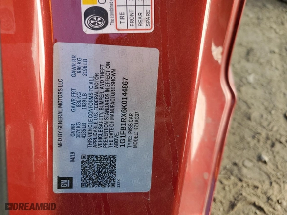 2019 Chevrolet Camaro 1LT with VIN 1G1FB1RX6K0144867, listed as a Copart auction lot 89194845 with 37,019 mi miles and Salvage Title. Bid and sale history available at carsss.com. Image 12.