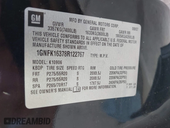 2008 Chevrolet Suburban LTZ z VIN 1GNFK16378R122767, wystawiony jako IAAI lot #42689521 z przebiegiem 284 712 mil mil oraz . Historia ofert i sprzedaży dostępna na DreamBid. Obrazek 9.