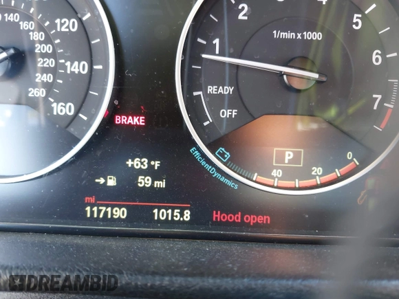 2015 BMW 3 Series 328i with VIN WBA3A5C58FF609161, listed as a IAAI auction lot 41162704 with 117,190 mi miles. Bid and sale history available at carsss.com. Image 7.