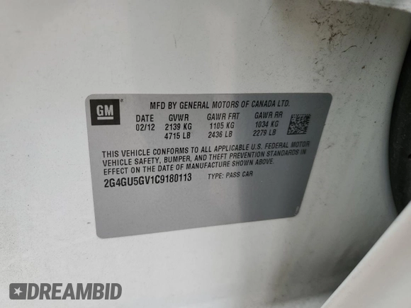 2012 Buick Regal Turbo Premium 3 with VIN 2G4GU5GV1C9180113, listed as a Copart auction lot 41880615 with 96,835 mi miles and Salvage title. Bid and sale history available at DreamBid. Image 12.