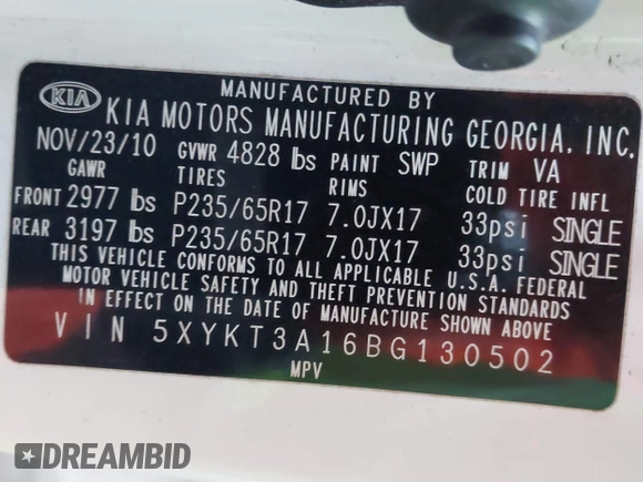 2011 Kia Sorento LX with VIN 5XYKT3A16BG130502, listed as a IAAI auction lot 41281912 with 112,761 mi miles. Bid and sale history available at carsss.com. Image 9.
