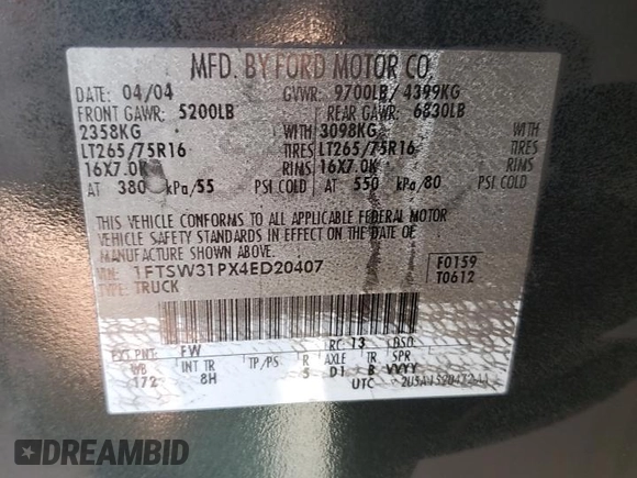 2004 Ford F-350 XL with VIN 1FTSW31PX4ED20407, listed as a Copart auction lot 54129335 with Not Provided miles and Non Repairable. Bid and sale history available at DreamBid. Image 12.
