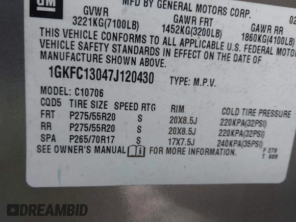 2007 GMC Yukon SLT with VIN 1GKFC13047J120430, listed as a IAAI auction lot 41659513 with 260,289 mi miles. Bid and sale history available at carsss.com. Image 9.
